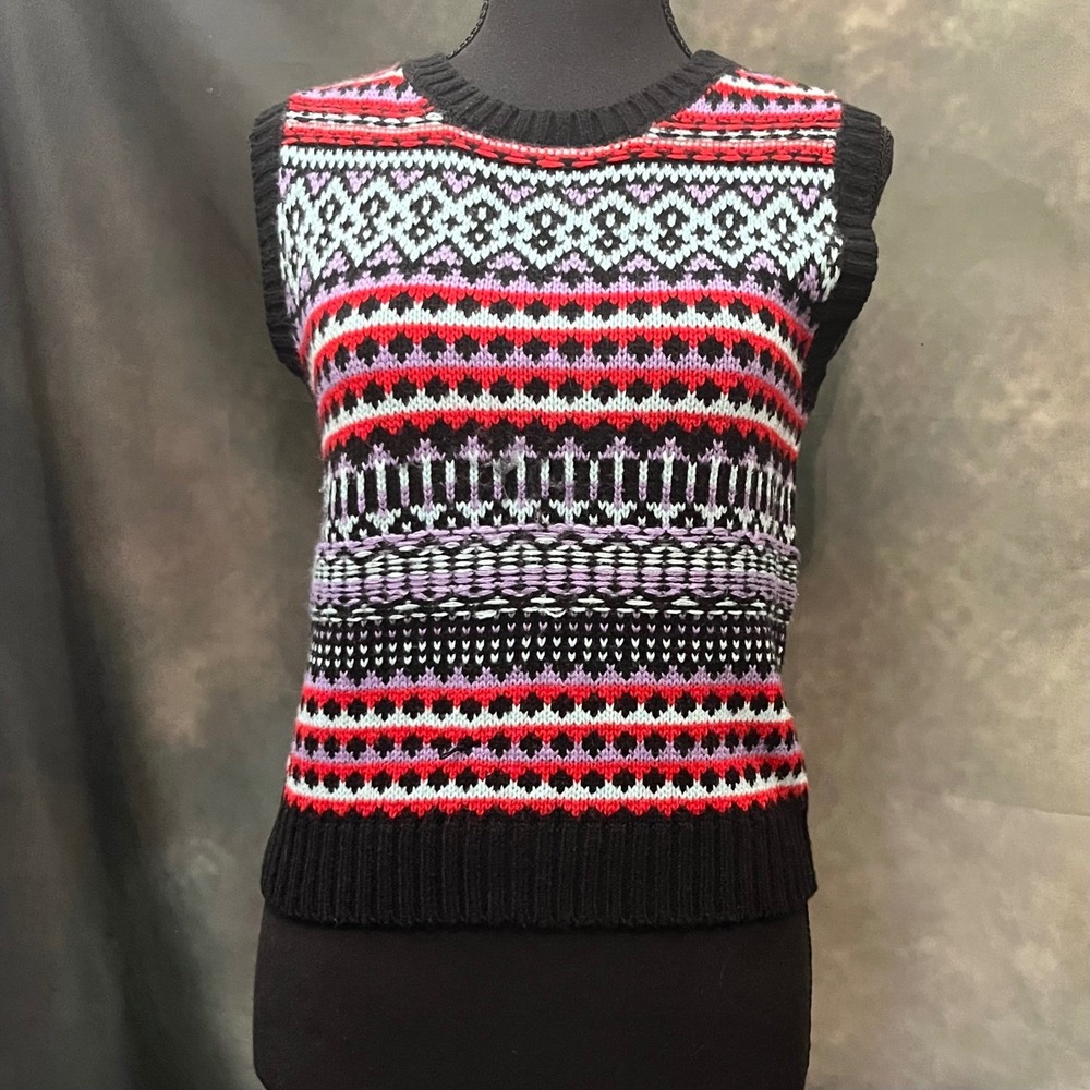 Circus NY Fair Isle Knit Sweater Vest Women Size Med Black Red Purple Geometric